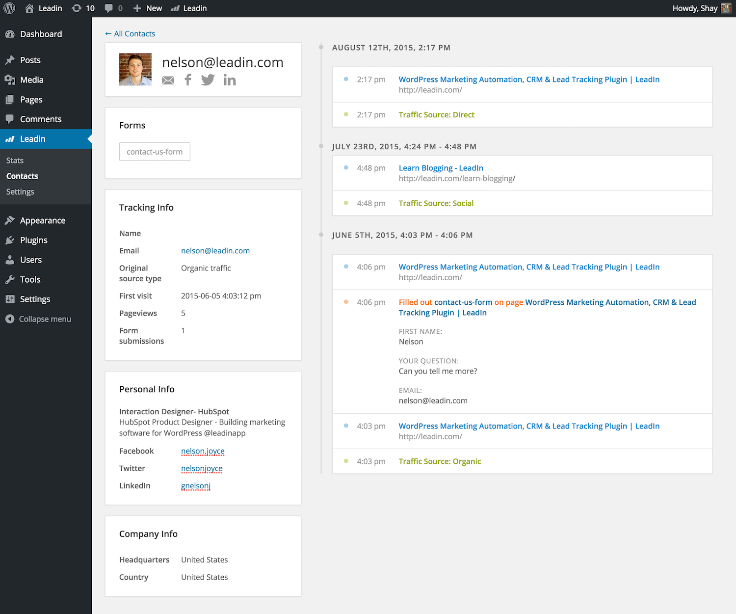 Contact view in Leadin