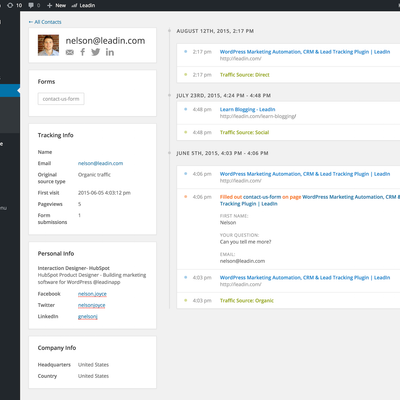 Contact view in Leadin