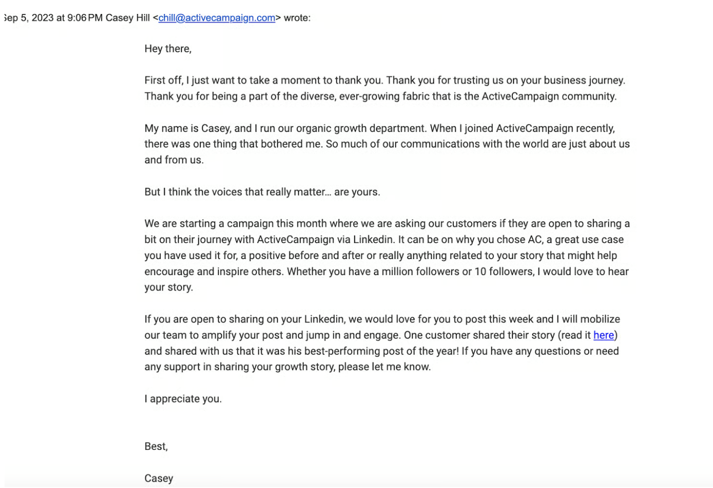 Sample email of the ask to customers