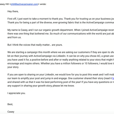 Sample email of the ask to customers